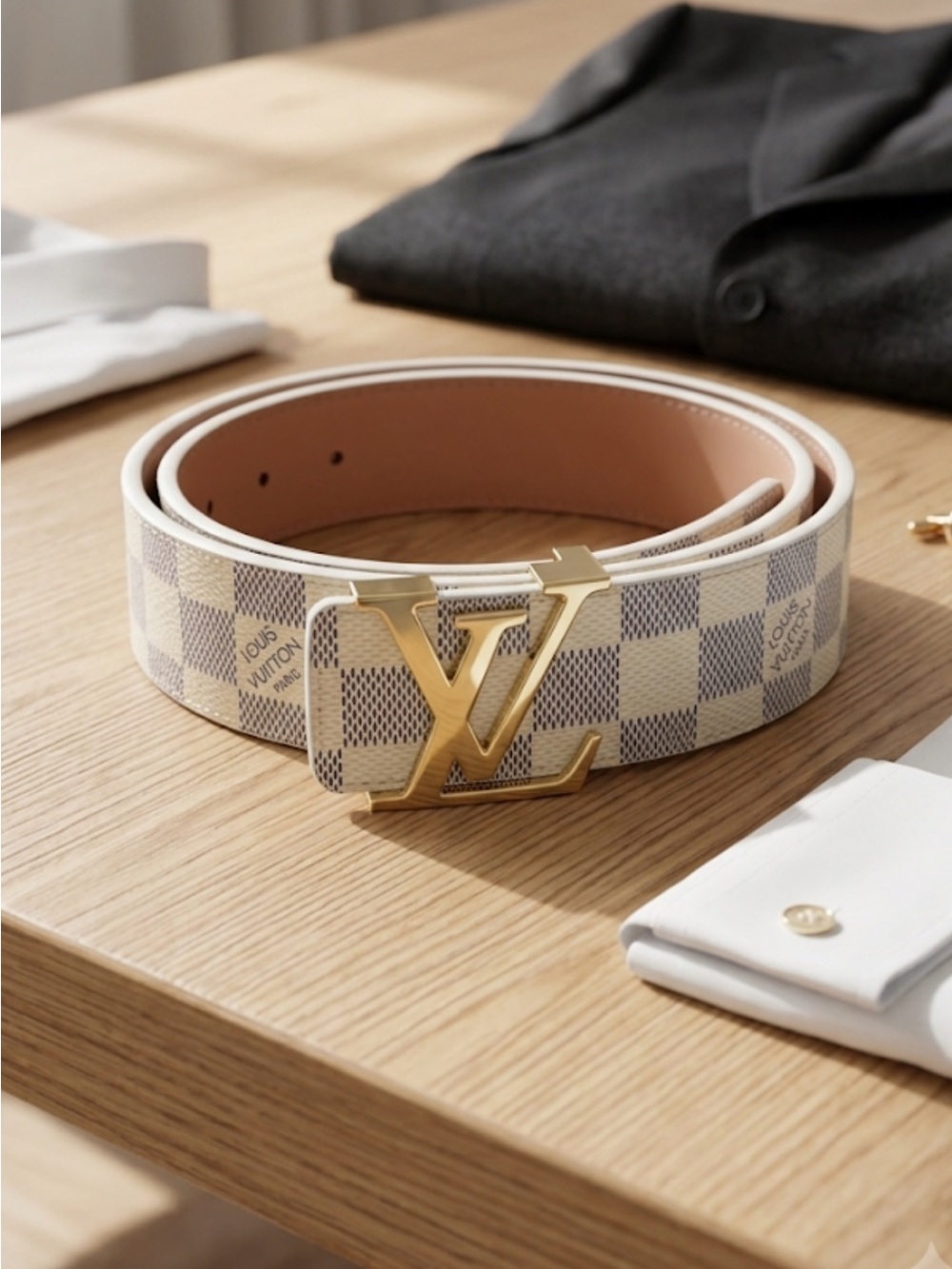 Brand New !! Damier Azur Belt with Gold LV Buckle, White/Beige